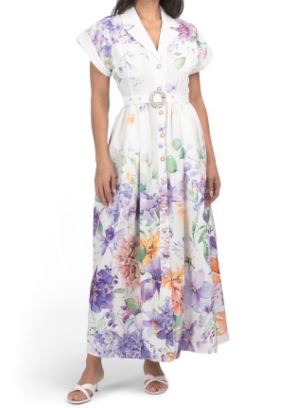 White Floral Maxi Dress with Purple & Orange Accents